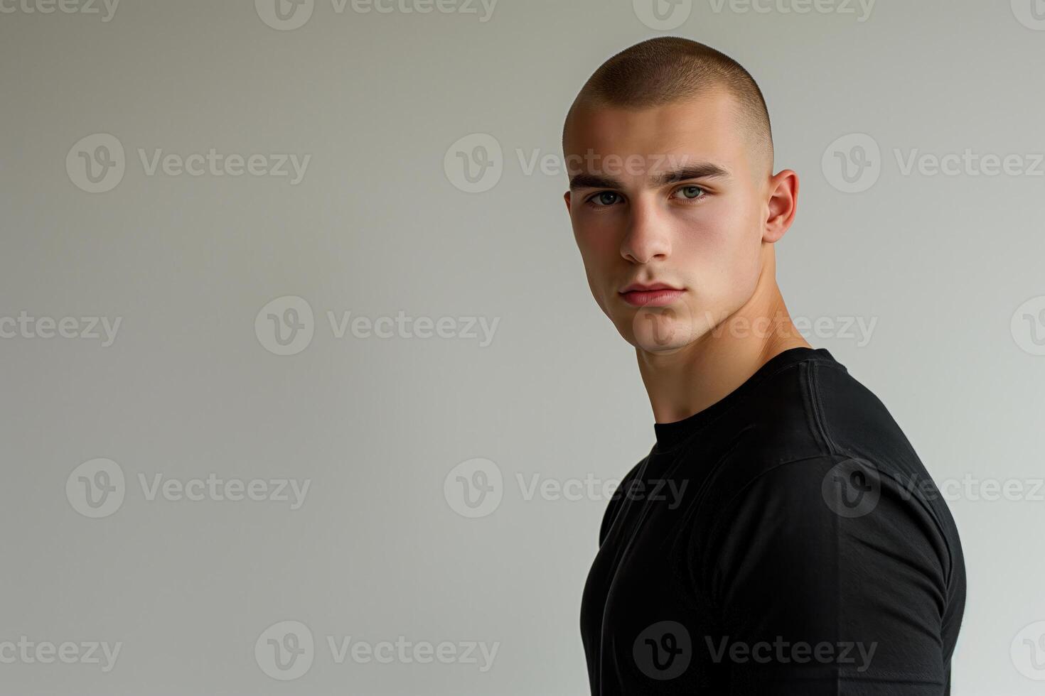AI generated Young man with buzz cut against copy space photo
