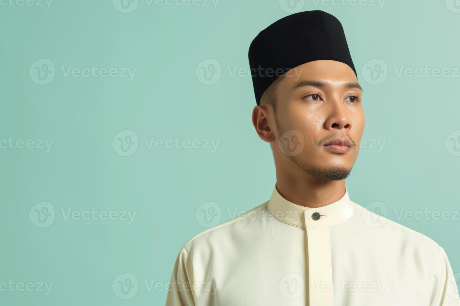 AI generated Malay man in traditional attire with pastel copy space photo
