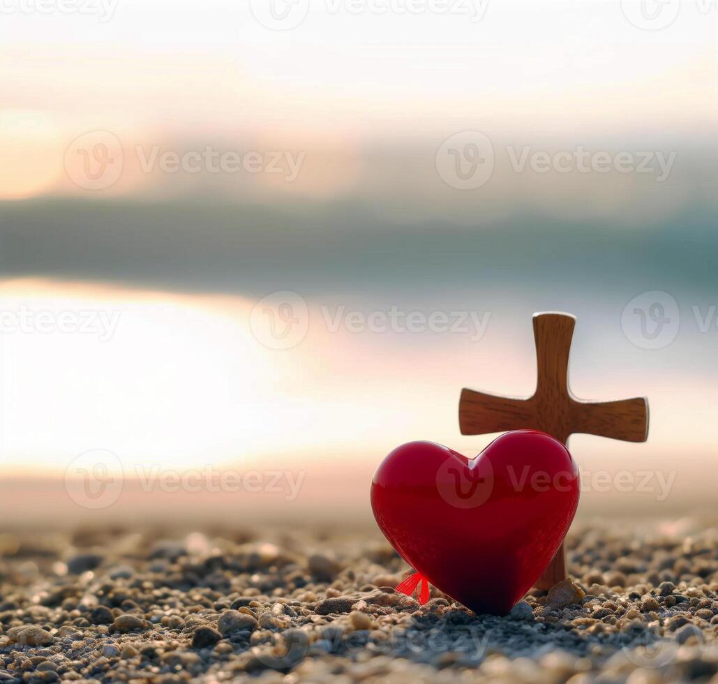 AI generated Red heart with wooden Christian cross on gravel floor in morning light photo