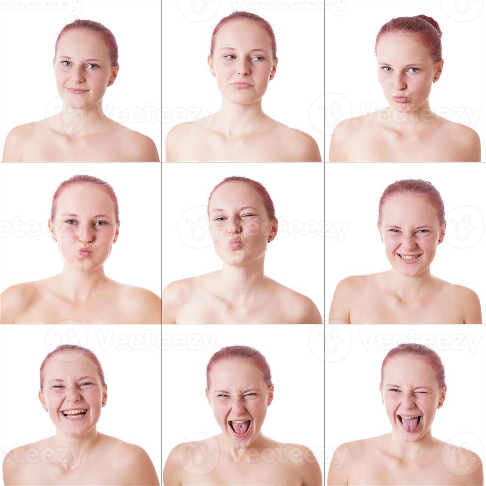 joven mujer demostración diferente facial expresiones foto