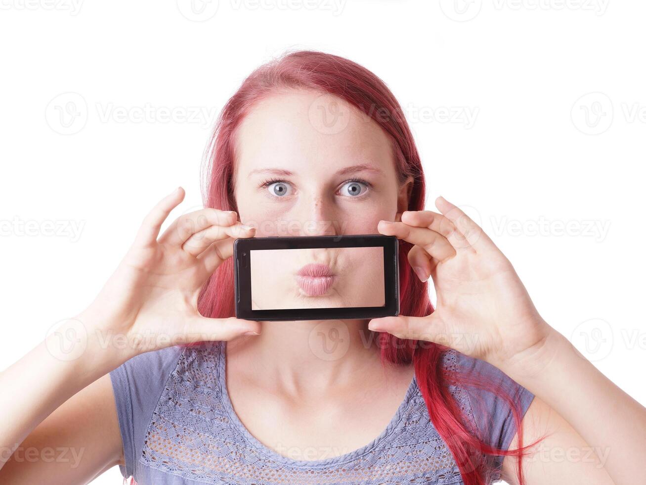woman messing around with camera phone photo