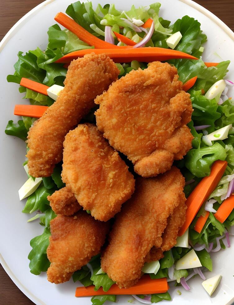 AI generated Crispy chicken in plate with vegetables photo