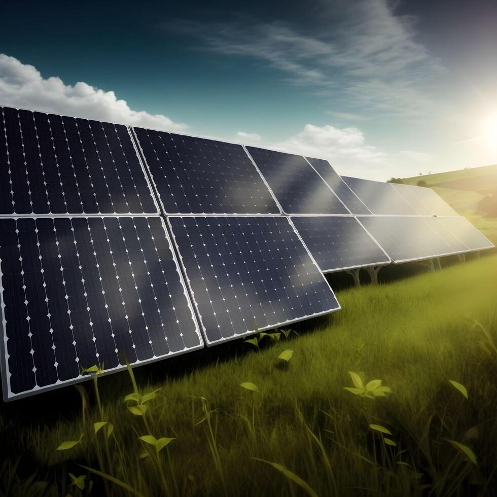 AI generated Solar power panel in the field green clean alternative power energy concept photo