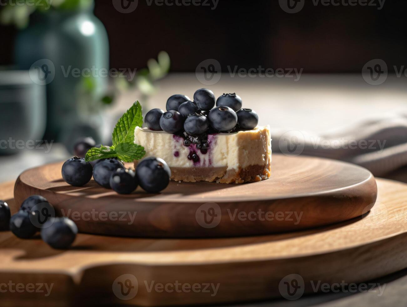 AI Generated Fresh Yummy Handmade Piece of Blueberry Cheesecake. Generative ai. High quality illustration photo