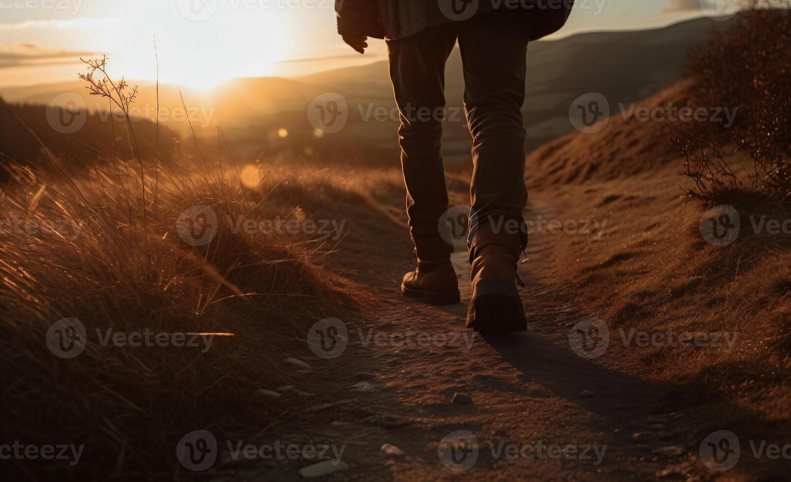 AI Generated Male Traveller is Going by Nature Trail, Forest and Meadow, Golden Hour Nature Photography, Close Up Trekking Boots. Generative Ai. High quality illustration photo