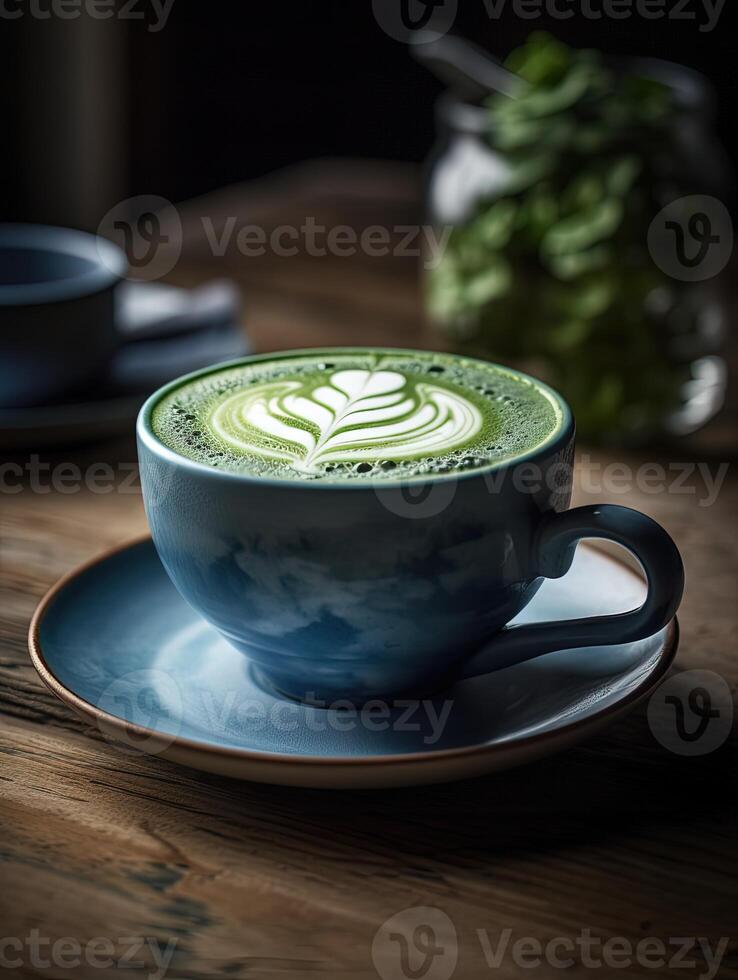 AI Generated Blue Matcha Latte Tea in Handmade Craft Teacup. Food Realistic Illustration. Ai generative. High quality illustartion photo