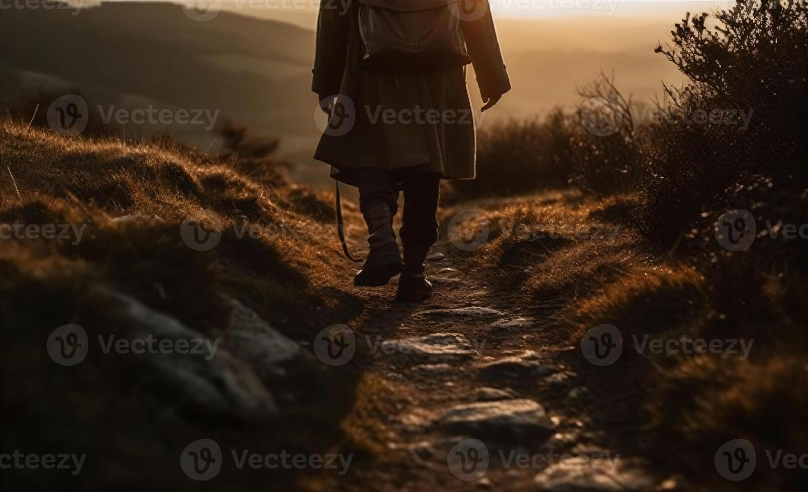 AI Generated Male Traveller is Going by Nature Trail, Forest and Meadow, Golden Hour Nature Photography, Close Up Trekking Boots. Generative Ai. High quality illustration photo