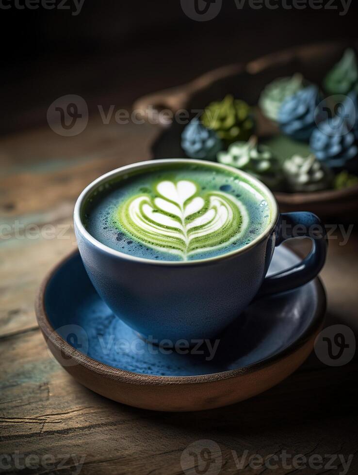 AI Generated Blue Matcha Latte Tea in Handmade Craft Teacup. Food Realistic Illustration. Ai generative. High quality illustartion photo