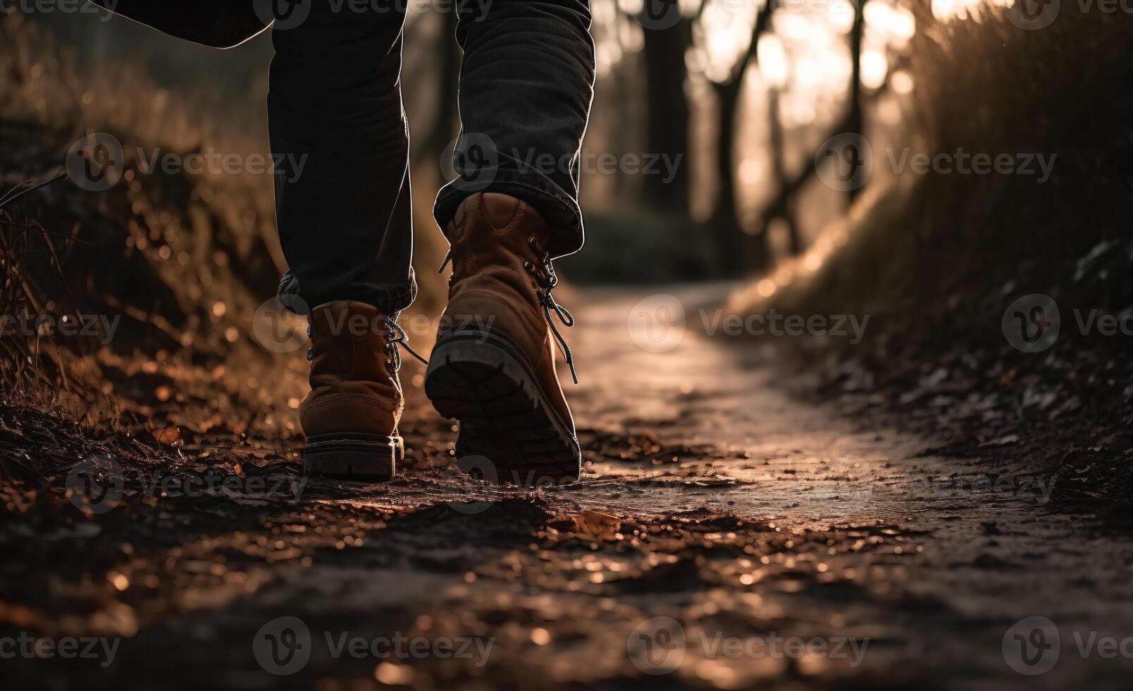 AI Generated Male Traveller is Going by Nature Trail, Forest and Meadow, Golden Hour Nature Photography, Close Up Trekking Boots. Generative Ai. High quality illustration photo
