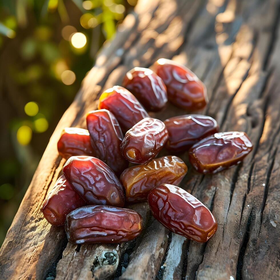 AI generated Dates arranged on a rustic wooden table photo