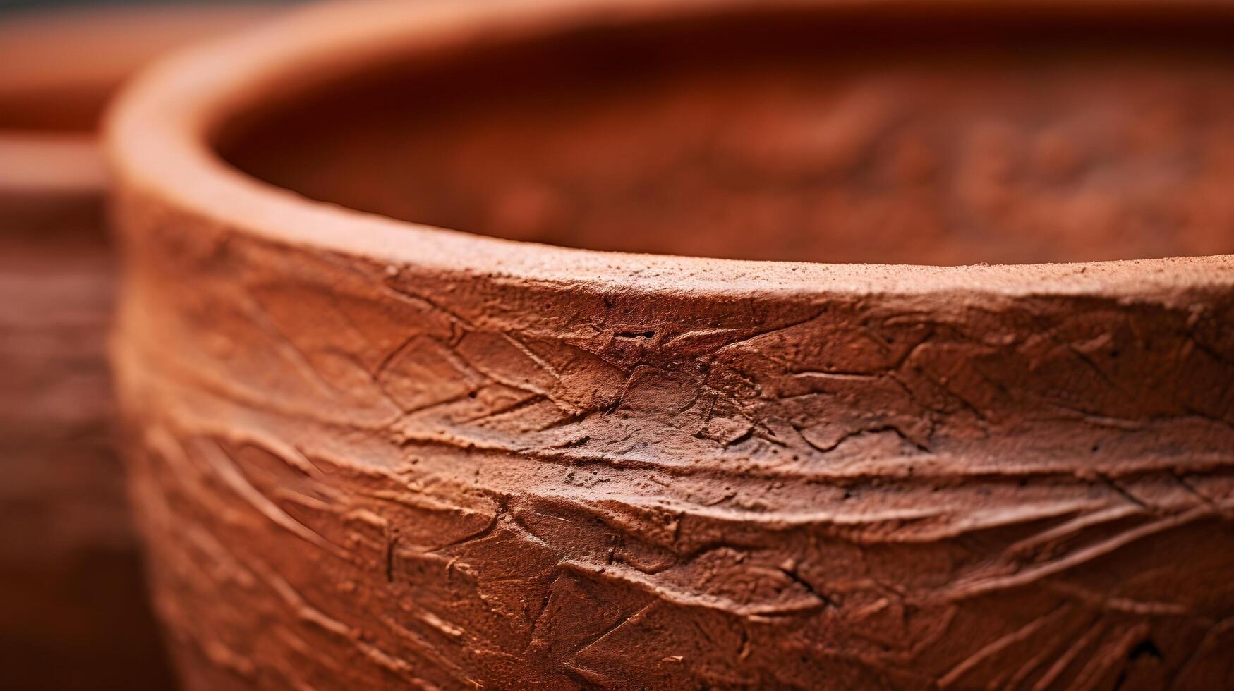 AI generated closeup shot of a clay pot's detailed raw and organic feel of the material texture photo