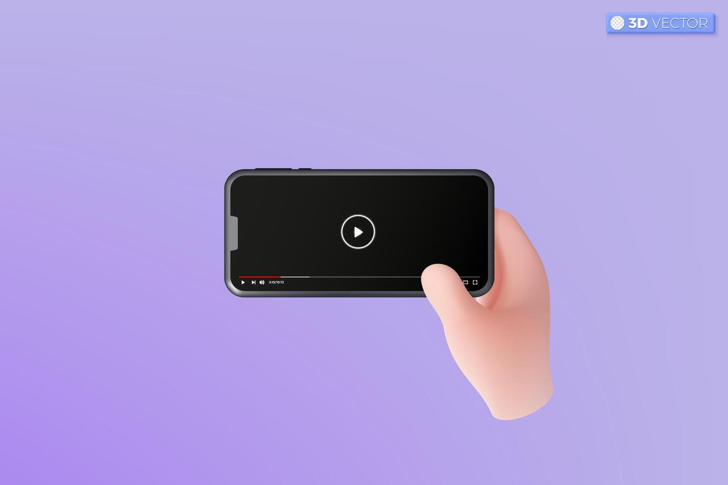 3d hand holding mobile phone video media control button interface symbol. Online playing for make money, Live streaming and vlog concept. 3D vector isolated illustration, Cartoon pastel Minimal style.