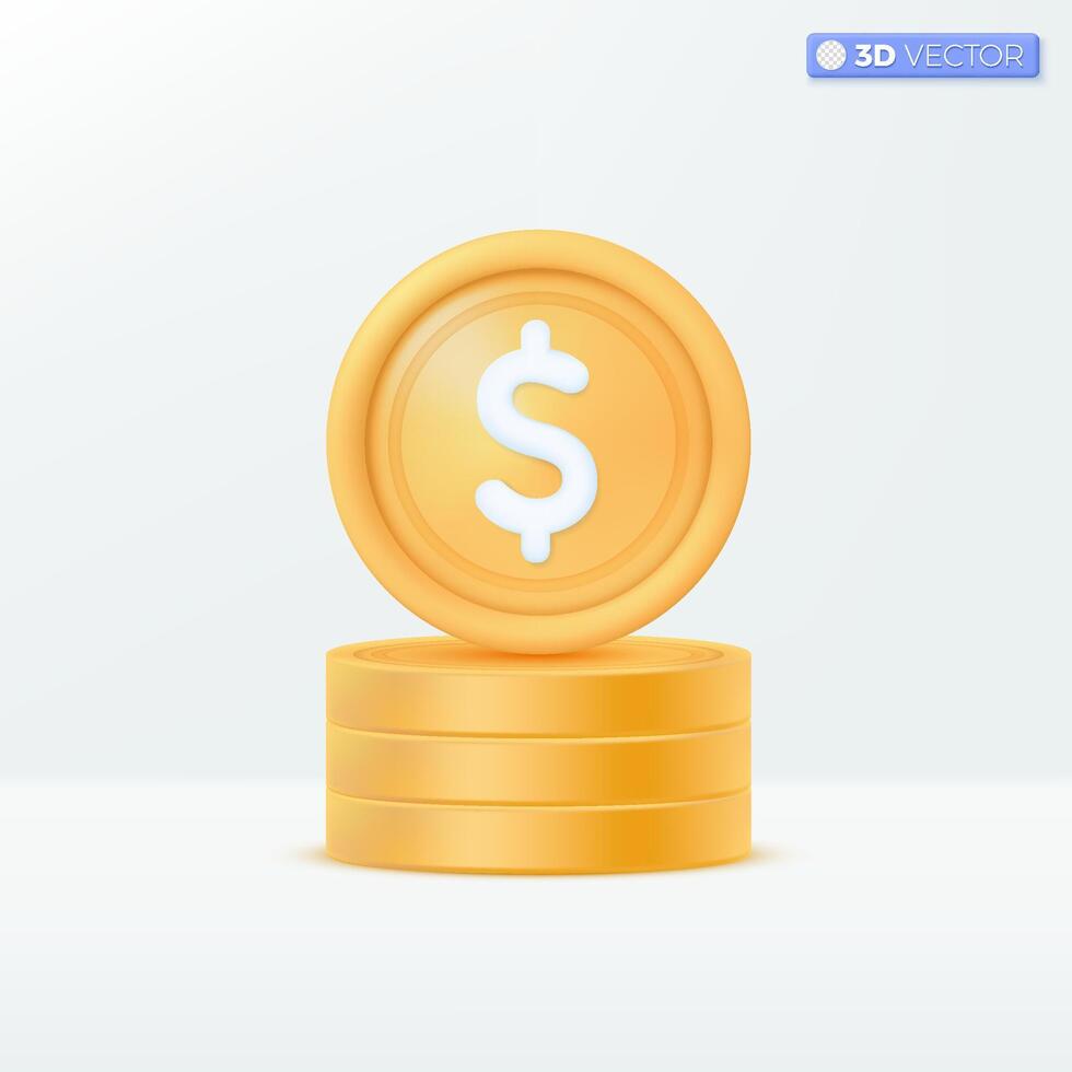 3d realistic dollar gold coin icon symbol. Money cash, currency sign, investment,  profit or gain, treasure, finance or casino concept. 3D vector isolated illustration, Cartoon pastel Minimal style.