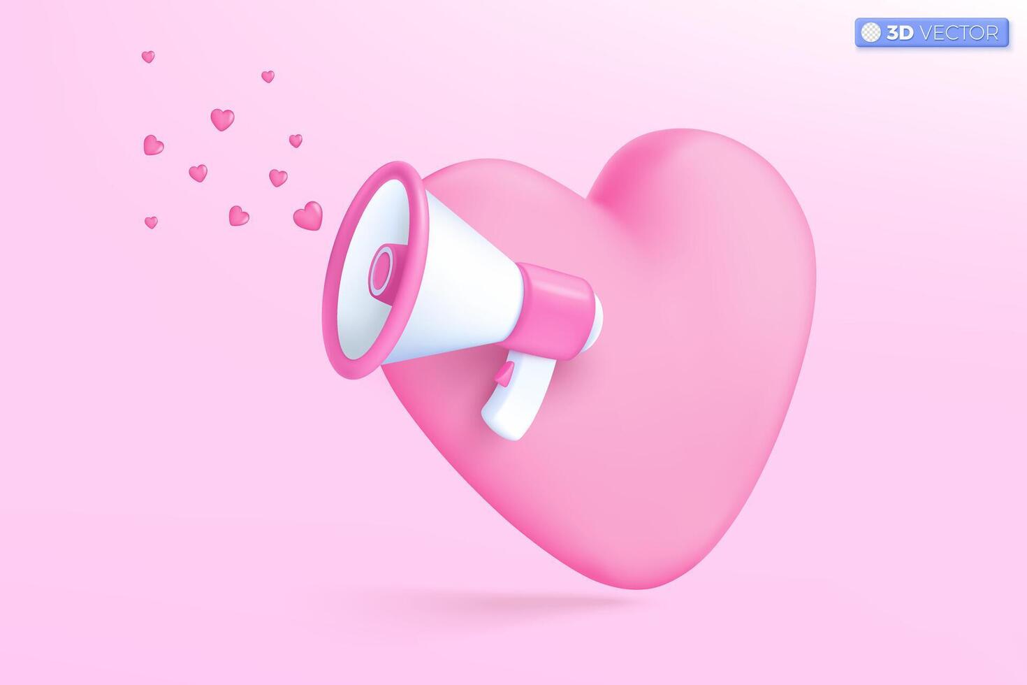 3d megaphone speaker and pink heart icon symbol. Valentine's Day, dating, loudspeaker, Cute 3d heart, Mother day, Love romantic concept. 3D vector isolated illustration, Cartoon pastel Minimal style.