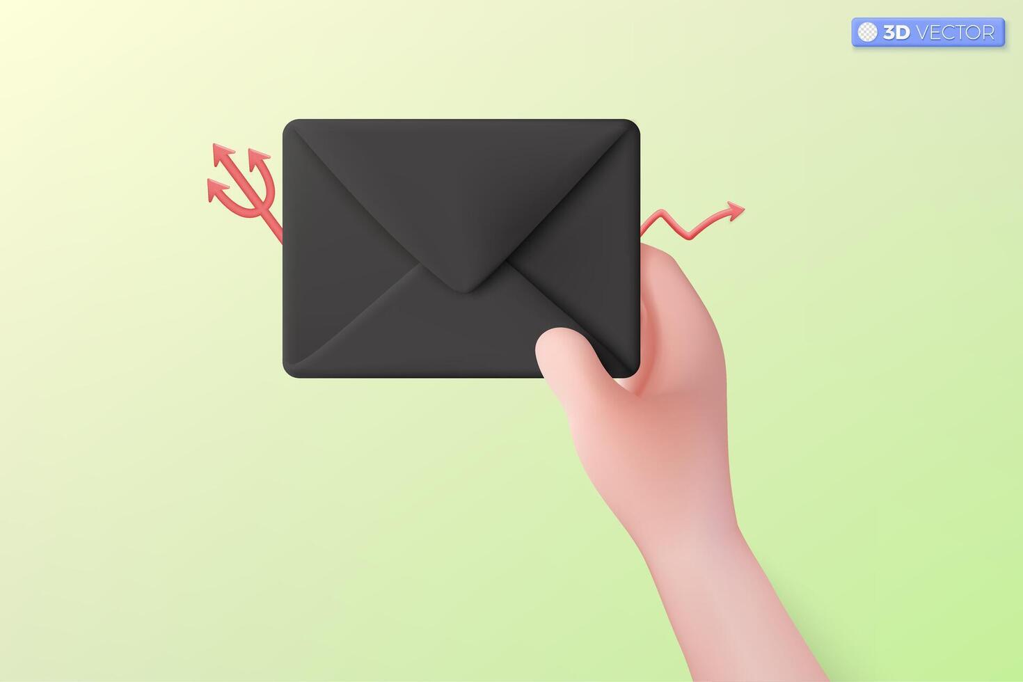 3d hand and Black mail envelope icon symbol. Render email notification with letters, bad news, betrayal, corruption concept. 3D vector isolated illustration, Cartoon pastel Minimal style.