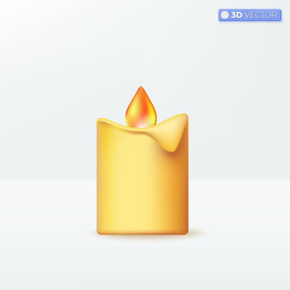 3d Realistic candle burn icon symbol, night and holiday decoration. Wax flame ceremony and christmas meditation concept. 3D vector isolated illustration, Cartoon pastel Minimal style.