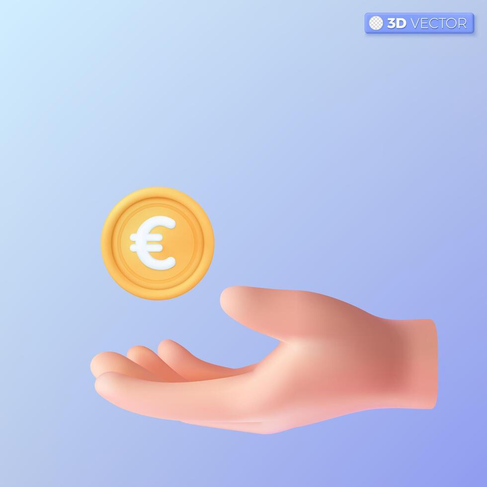 3d realistic hand and euro gold coin icon symbol. Money cash, currency sign, investment, profit or gain, finance or casino concept. 3D vector isolated illustration, Cartoon pastel Minimal style.