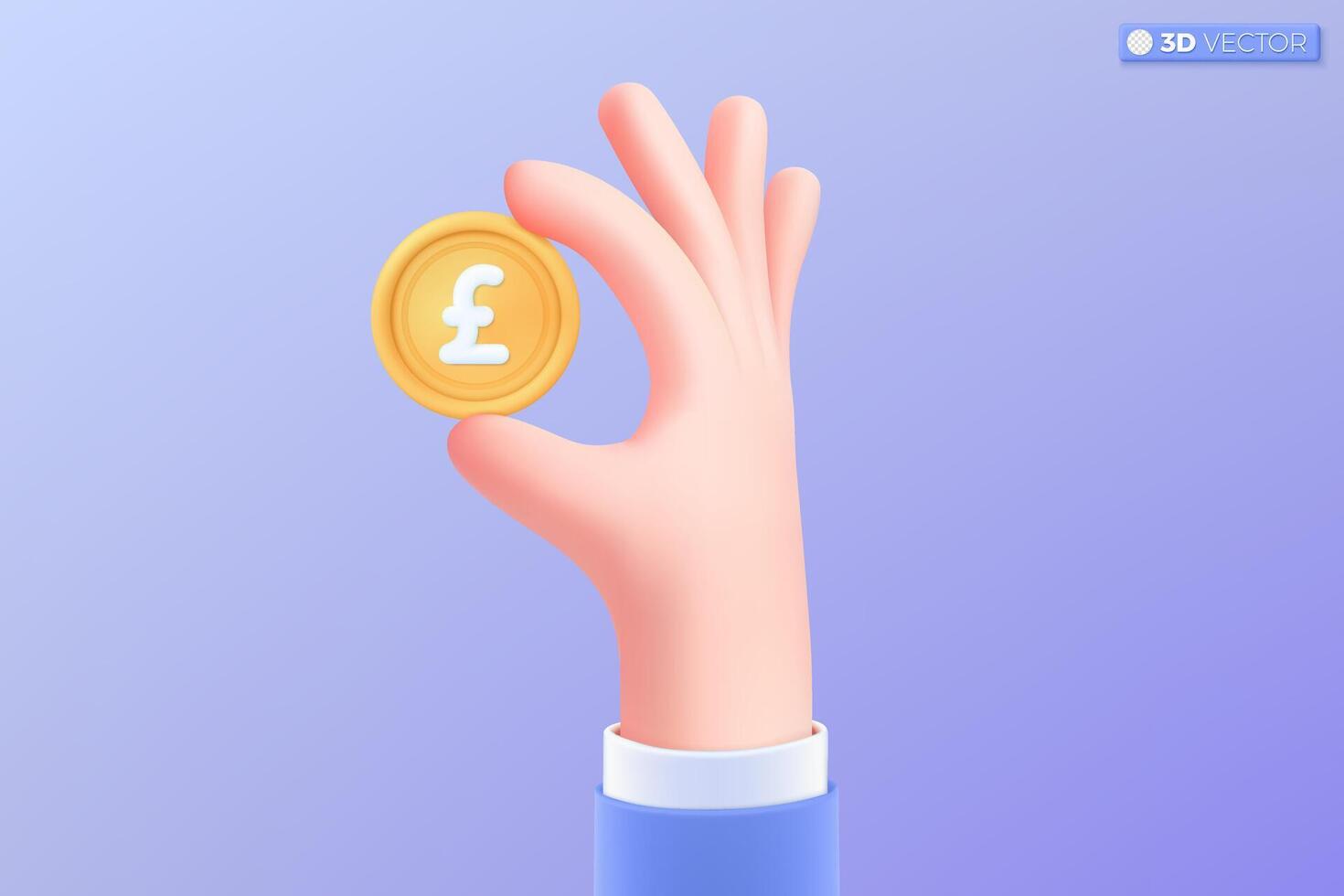 3d realistic hand and pound sterling gold coin icon symbol. Money cash, currency, investment, profit or gain, finance or casino concept. 3D vector isolated illustration, Cartoon pastel Minimal style.