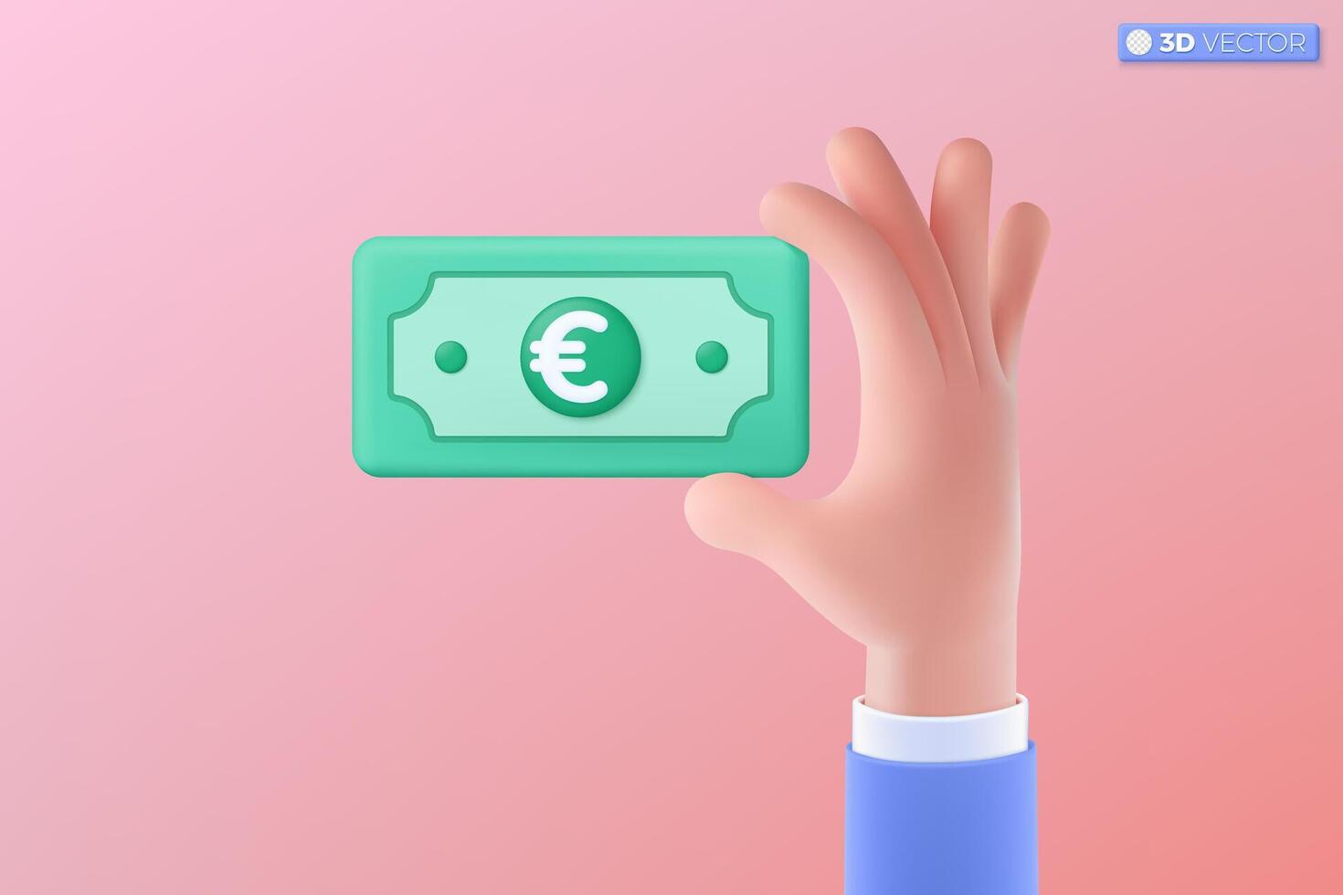 3d realistic hand hold euro bill icon symbol. Money cash, currency sign, investment, profit or gain, finance or casino concept. 3D vector isolated illustration, Cartoon pastel Minimal style.