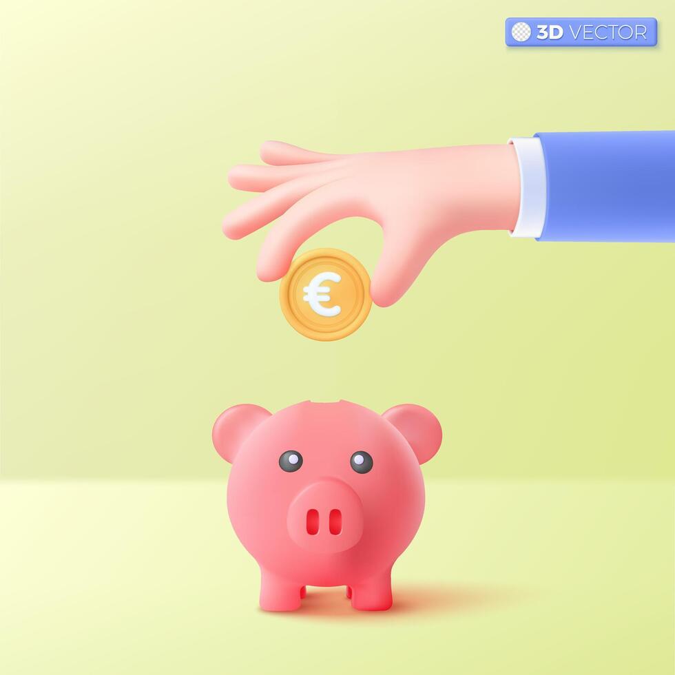 3d mano y cerdito banco icono símbolo. lucro y crecimiento, euro oro moneda. dinero almacenamiento, financiero, dinero creativo negocio concepto. 3d vector aislado ilustración, dibujos animados pastel mínimo estilo.