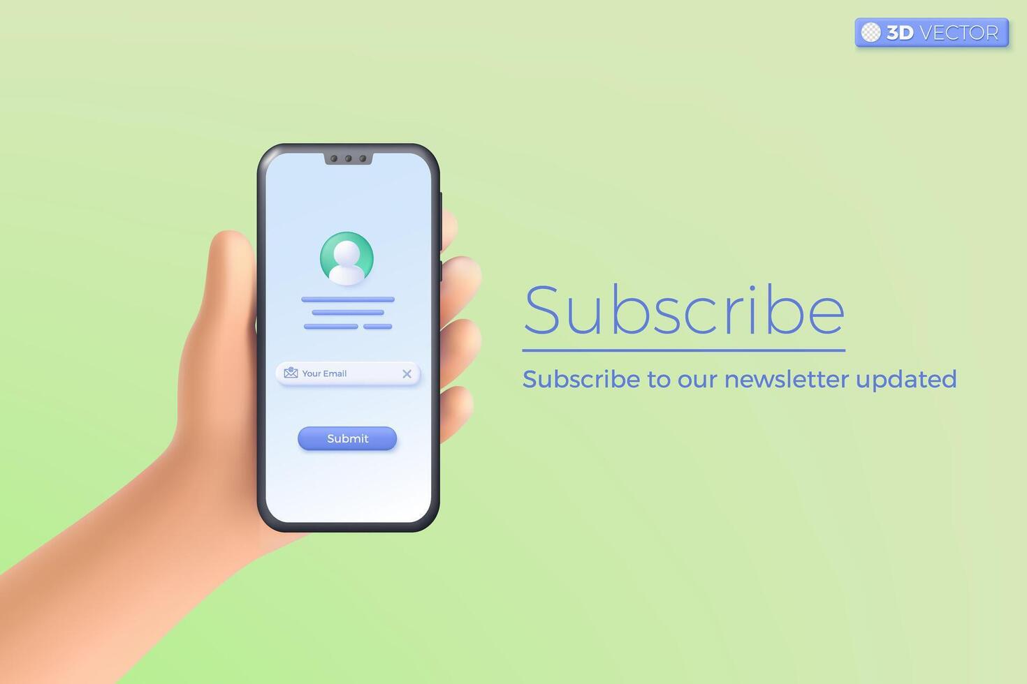 3d hand holding mobile phone subscribe for newsletter promotion icon symbol. Invitation to join customer, Social media marketing concept. 3D vector isolated illustration, Cartoon pastel Minimal style.