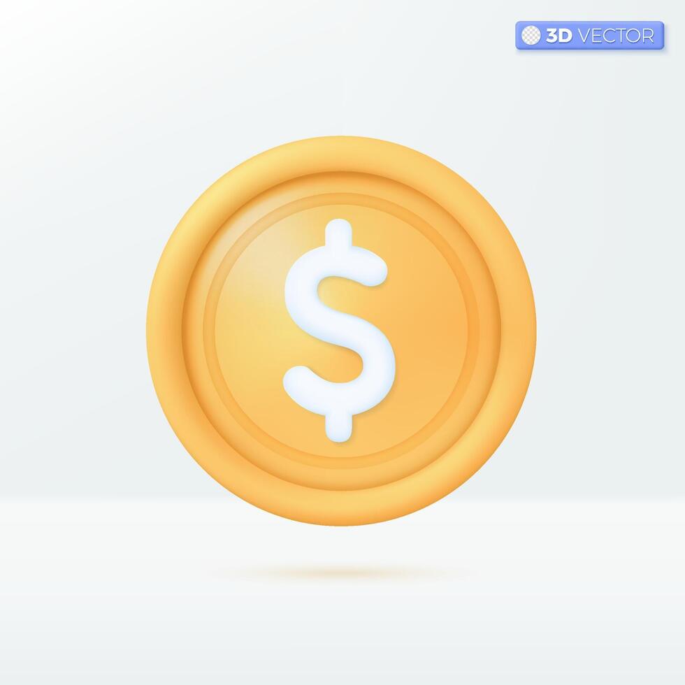 3d realistic dollar gold coin  icon symbol. Money cash, currency sign, investment,  profit or gain, treasure, finance or casino concept. 3D vector isolated illustration, Cartoon pastel Minimal style.