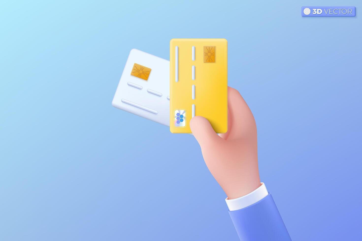 3d mano y crédito tarjeta icono símbolo. débito o crédito tarjeta, negocio tarjeta, financiero, seguridad tarjeta, empleado tarjeta, Bosquejo concepto. 3d vector aislado ilustración, dibujos animados pastel mínimo estilo.