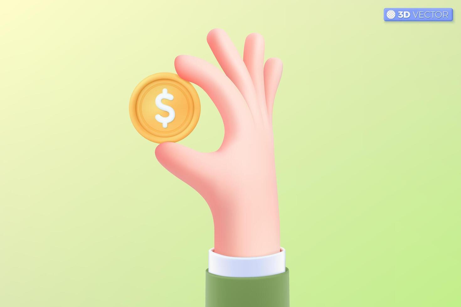 3d realistic hand and dollar gold coin icon symbol. Money cash, currency sign, investment, profit or gain, finance or casino concept. 3D vector isolated illustration, Cartoon pastel Minimal style.