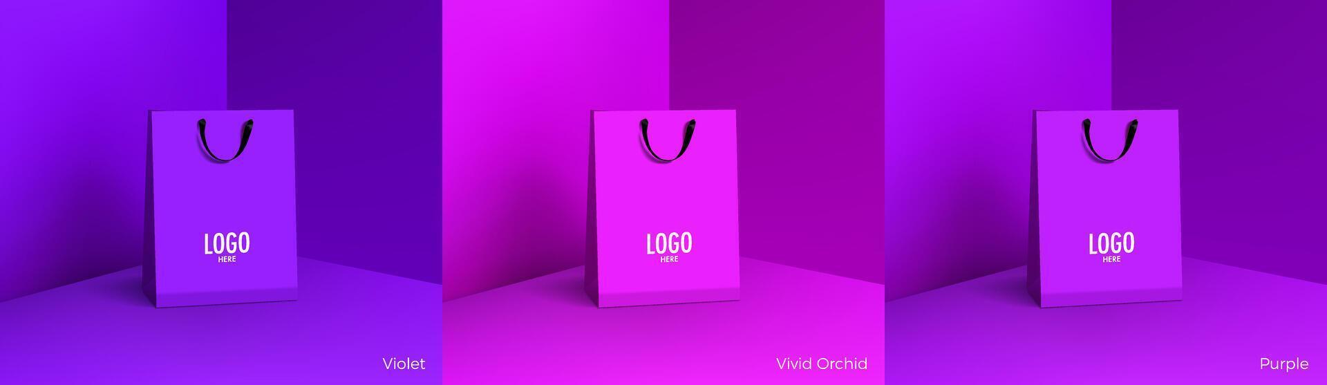 Shopping paper bag. Mockup set of realistic shopping bag for branding and corporate identity design. Paper packaging template. For promotion, discount, sale concept. 3D vector isolated illustration.