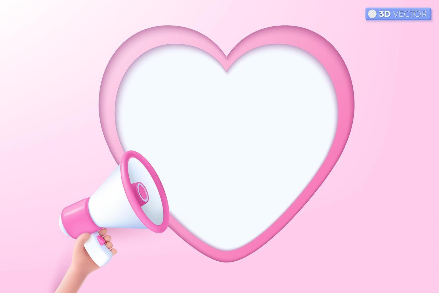 3d megaphone speaker with heart icon symbol. loudspeaker announce discount promotion, Sell reduced prices, love, valentine concept. 3D vector isolated illustration, Cartoon pastel Minimal style.