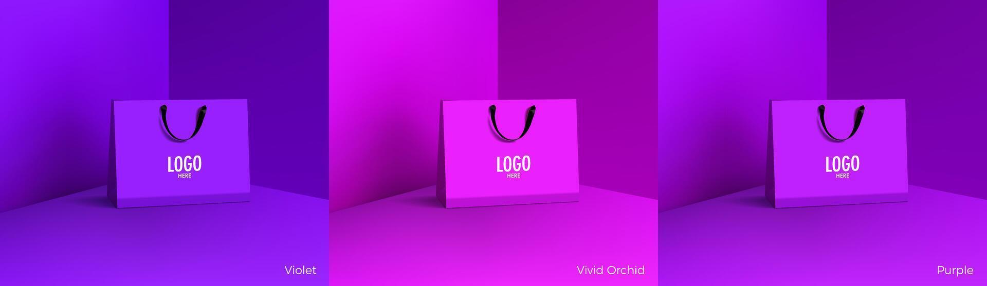 Shopping paper bag. Mockup set of realistic shopping bag for branding and corporate identity design. Paper packaging template. For promotion, discount, sale concept. 3D vector isolated illustration.