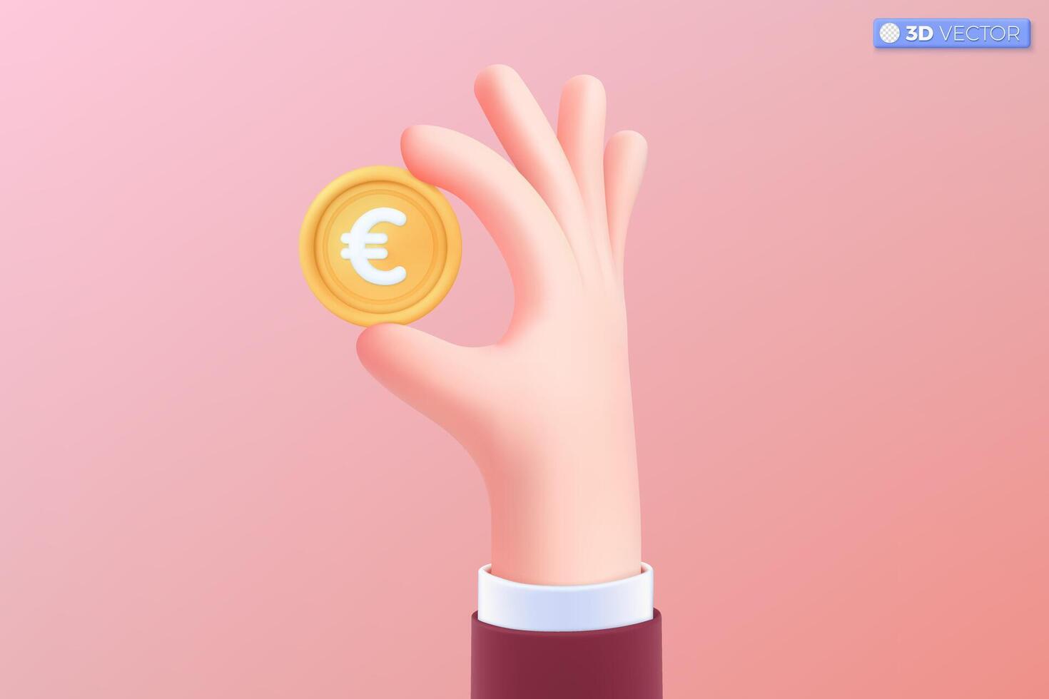 3d realistic hand and euro gold coin icon symbol. Money cash, currency sign, investment, profit or gain, finance or casino concept. 3D vector isolated illustration, Cartoon pastel Minimal style.