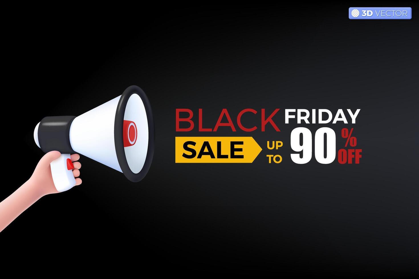 3d megaphone speaker and BLACK FRIDAY icon symbol. loudspeaker announce discount promotion, Sell reduced prices, Marketing time concept. 3D vector isolated illustration, Cartoon pastel Minimal style.