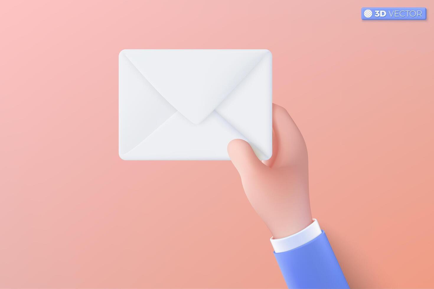 3d hand and whilte mail envelope icon symbol. Render email notification with letters, lay off, be fired from the company, donate concept. 3D vector isolated illustration, Cartoon pastel Minimal style.