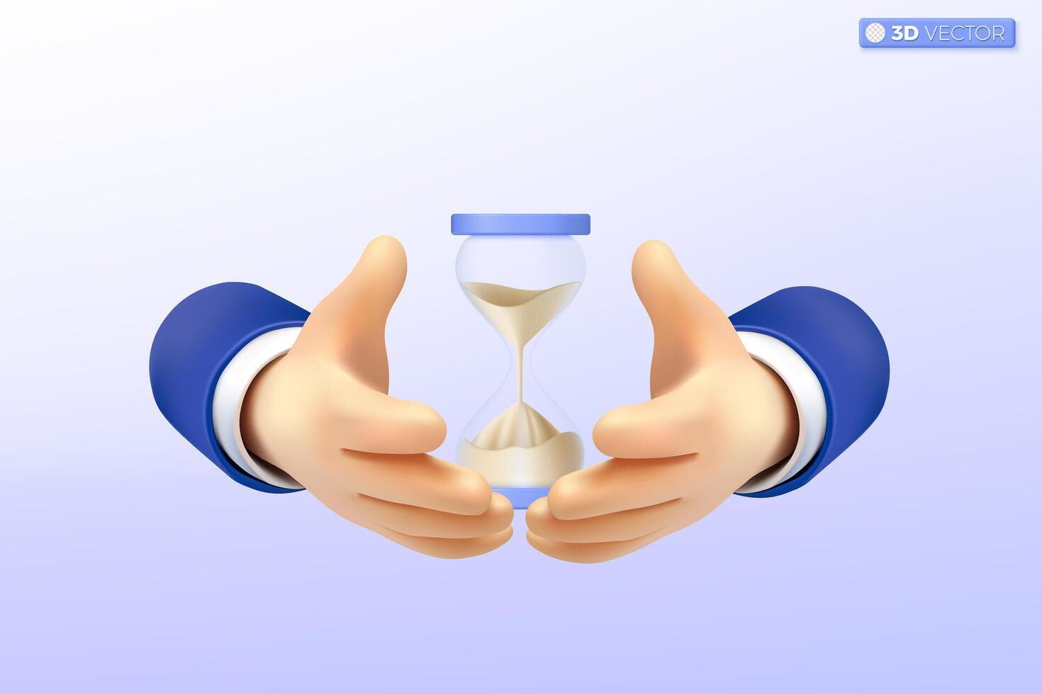 3d hand shielding protect hourglass icon symbol. Time management, Insurance home policy service, Saving time, providing security concept, 3D vector isolated illustration. Cartoon pastel Minimal style.