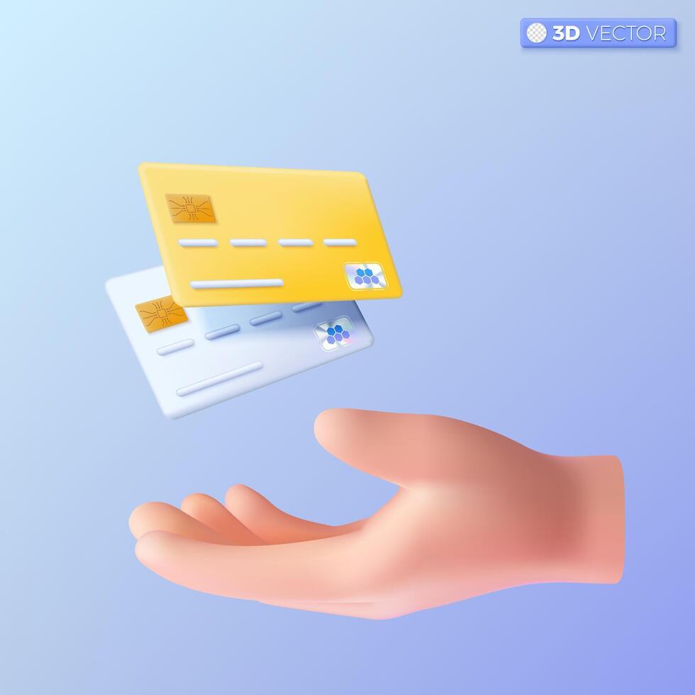 3d mano y crédito tarjeta icono símbolo. débito o crédito tarjeta, negocio tarjeta, financiero, seguridad tarjeta, empleado tarjeta, Bosquejo concepto. 3d vector aislado ilustración, dibujos animados pastel mínimo estilo.