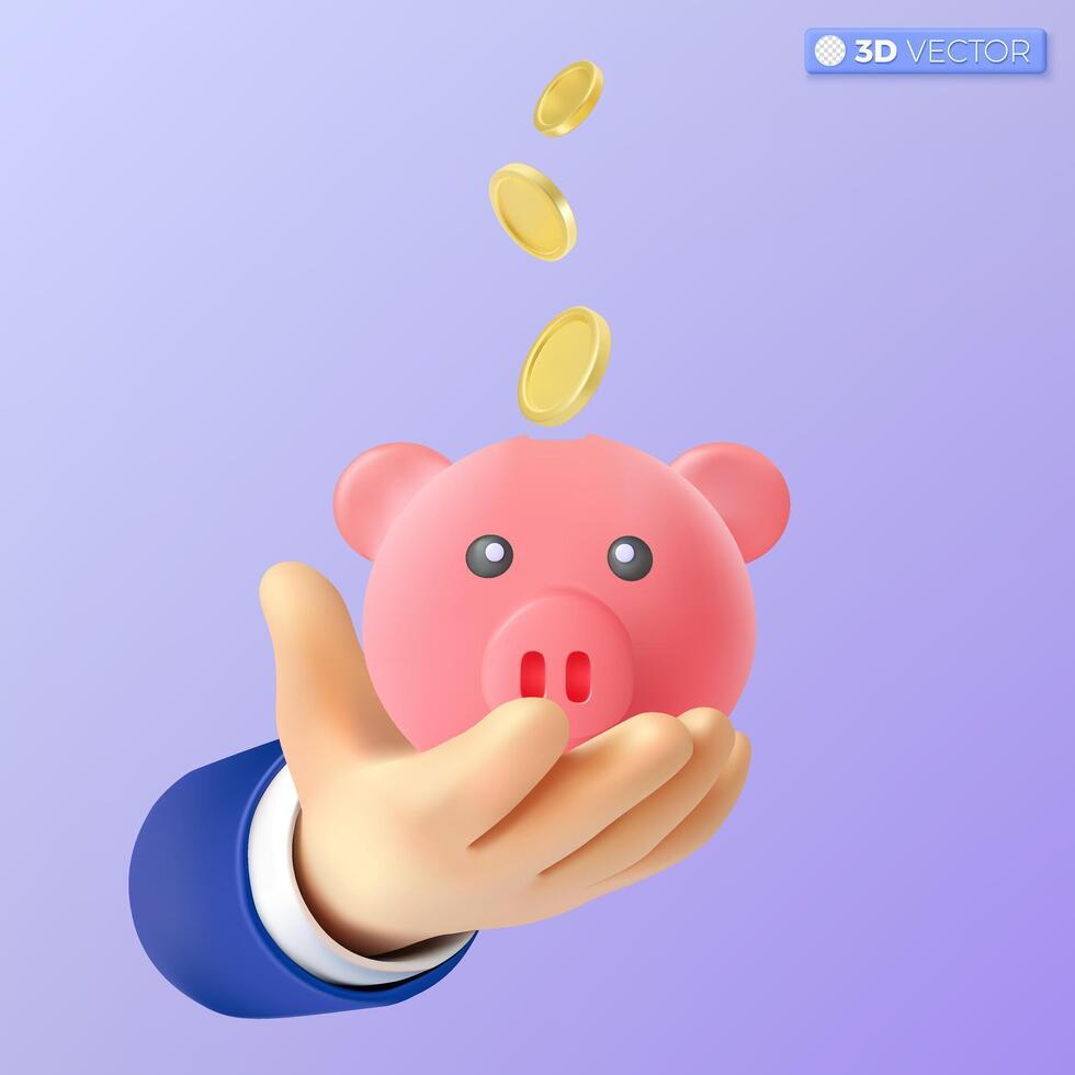 3d mano sostener cerdito banco y oro moneda íconos conjunto símbolo. giratorio vacío dorado dinero signo. ingreso, ahorros, inversión, riqueza concepto. 3d vector aislado ilustración, dibujos animados pastel mínimo estilo.