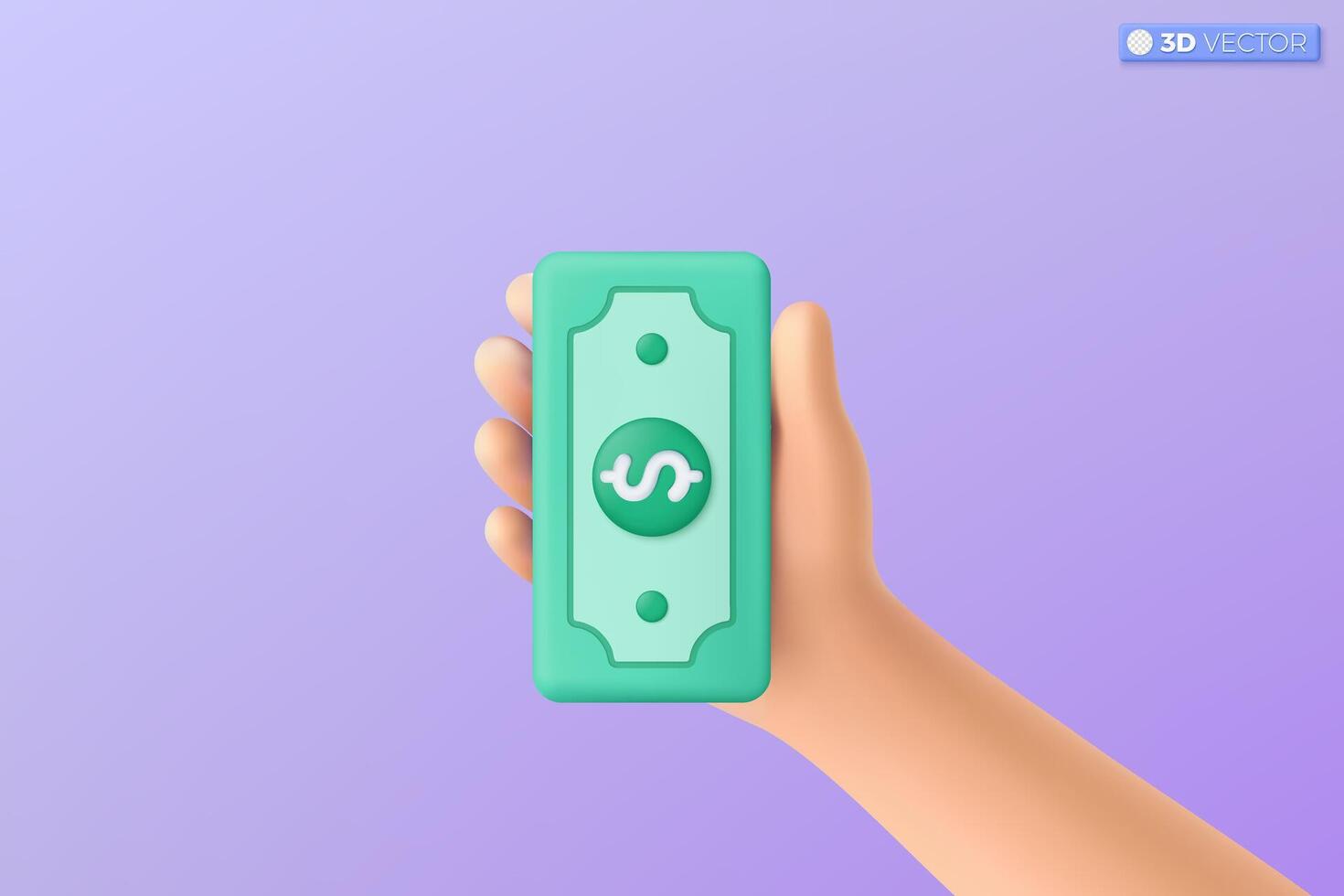 3d realistic hand hold dollar bill icon symbol. Money cash, currency sign, investment, profit or gain, finance or casino concept. 3D vector isolated illustration, Cartoon pastel Minimal style.