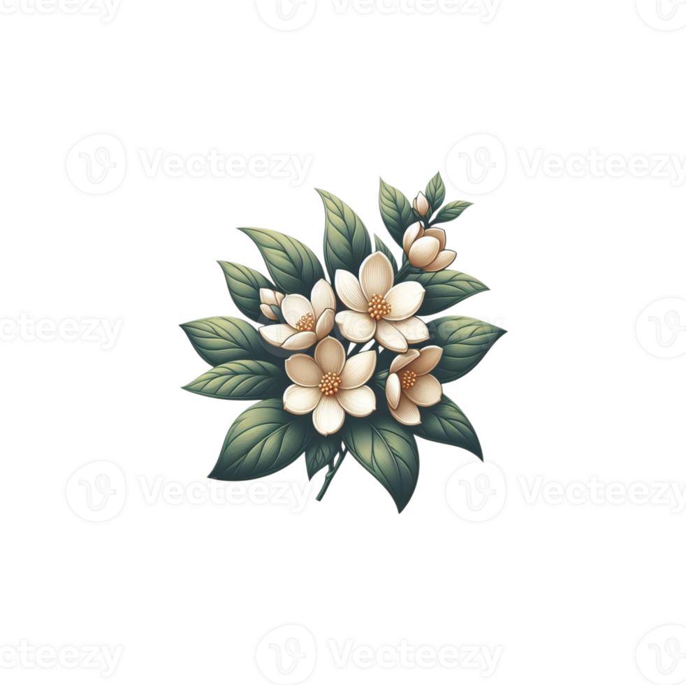AI generated Jasmine flowers with green leaves isolated on transparant background. png