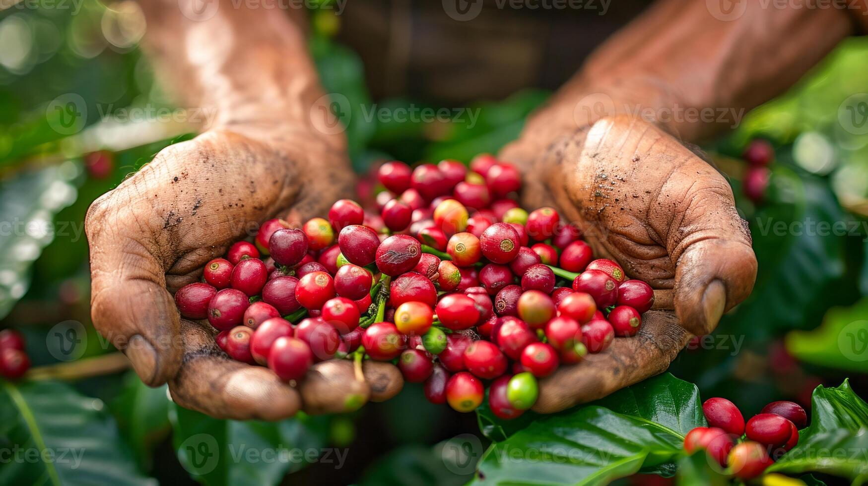 AI generated Raw coffee being picked in by human hands covered in dirt photo