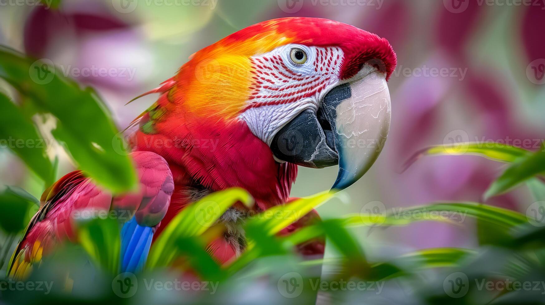 ai generado un imagen de un vistoso loro en el hojas de un árbol foto