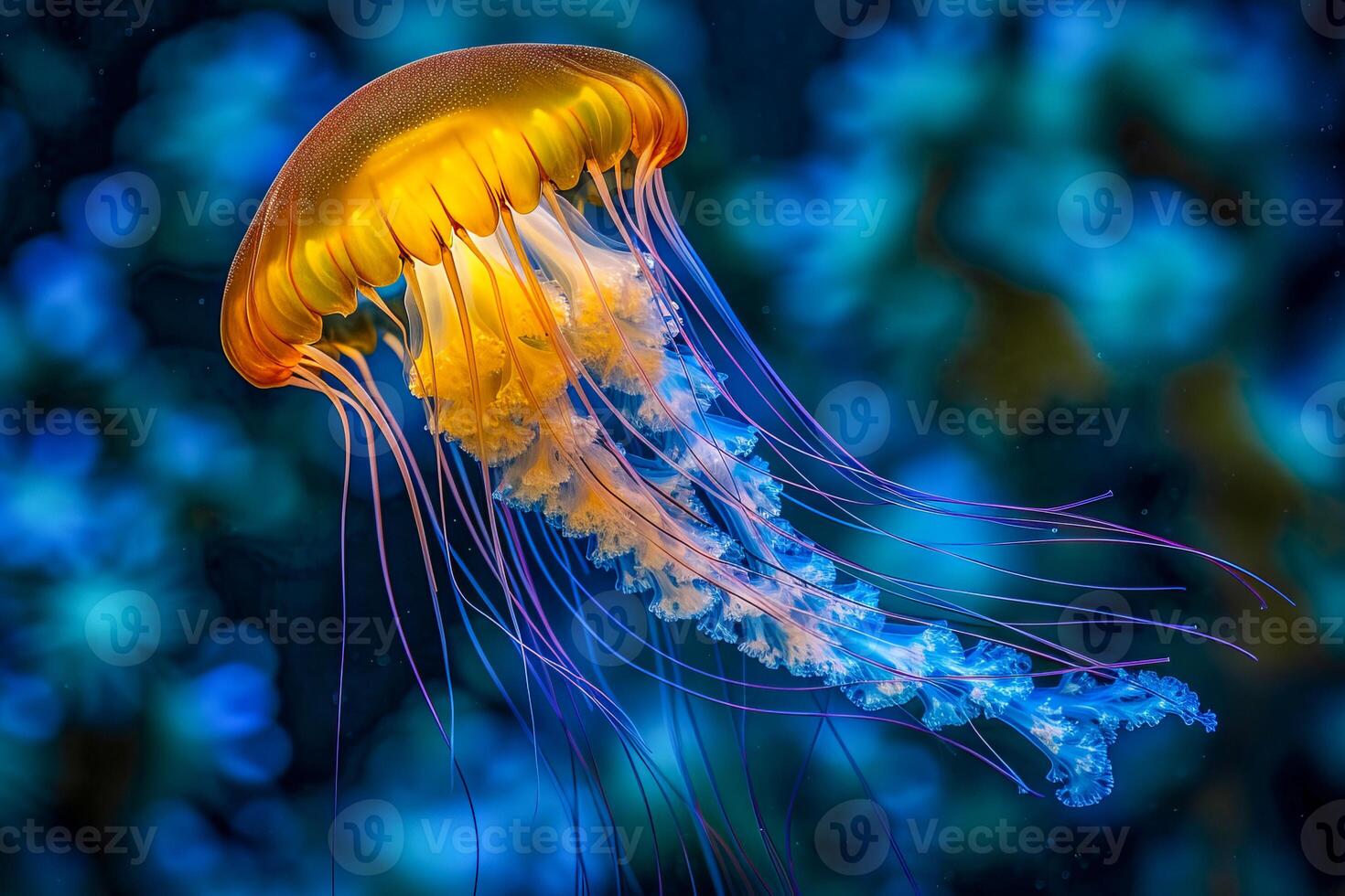 AI generated A huge jellyfish in bright colors floats in the water photo