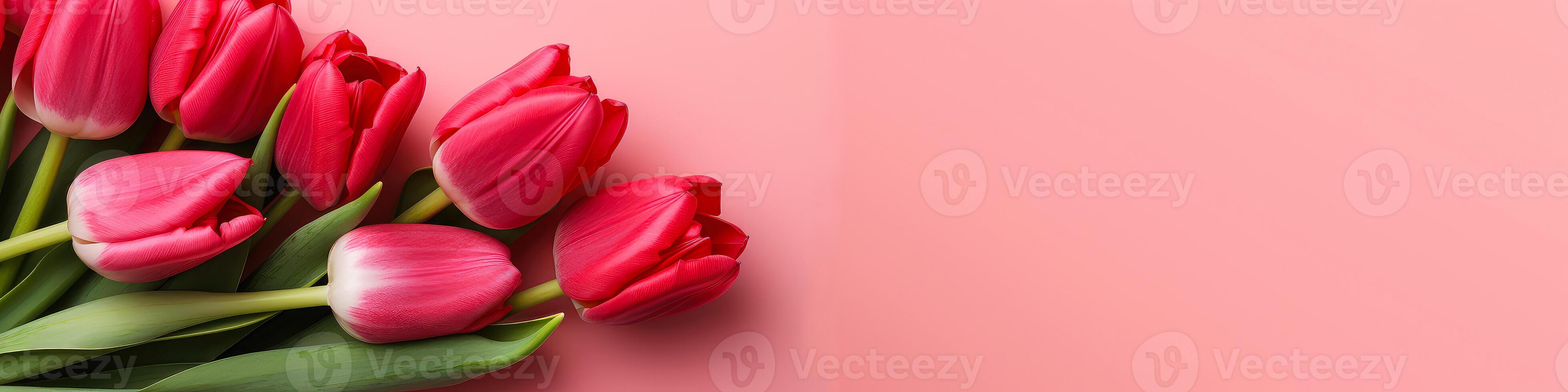 AI generated Pink Background with Tulips. Free Space for Text photo