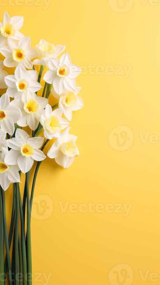 ai generado blanco narcisos en un brillante amarillo antecedentes. Copiar espacio foto