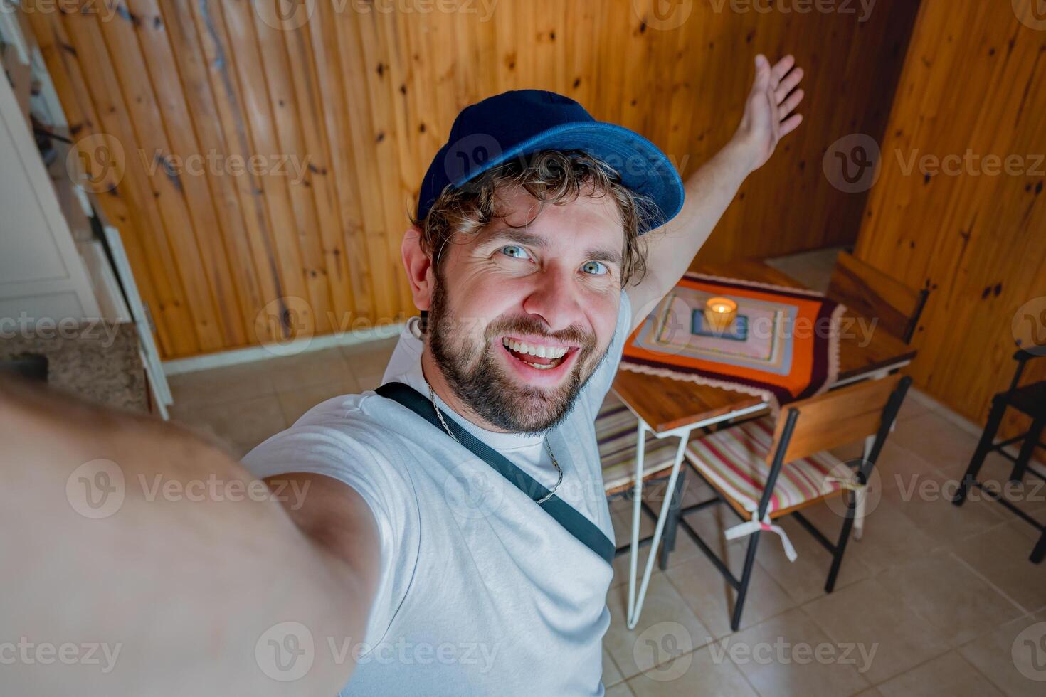 Selfie of a tourist in a Latin American temporary apartment. photo