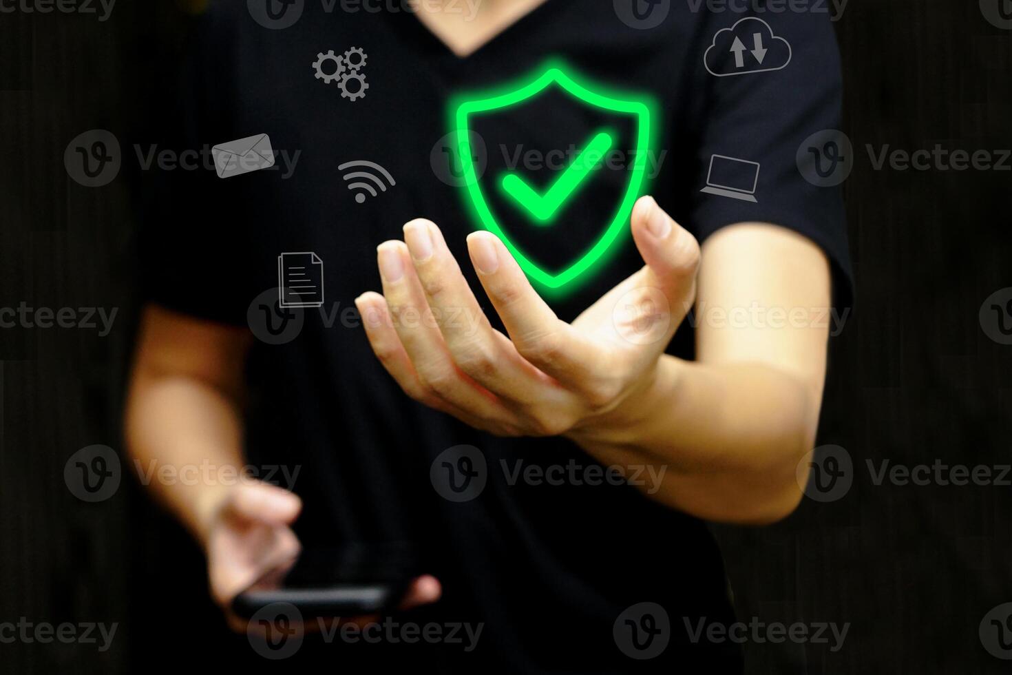 Businessman touching insurance icon or security icon virtual. Safety protection, technology and online insurance concept. photo