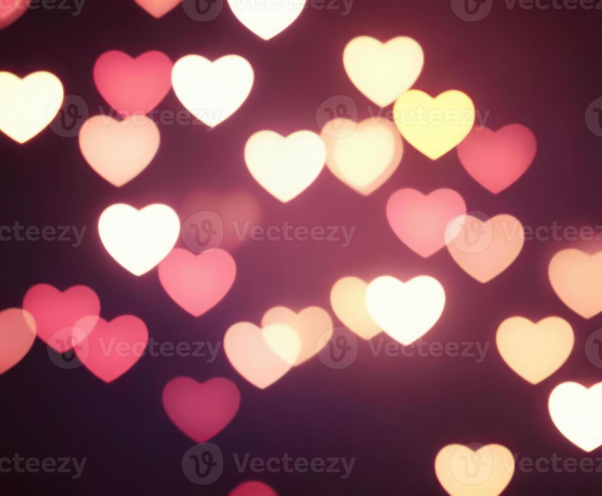 Pink blurred abstract background with cute bokeh hearts. photo