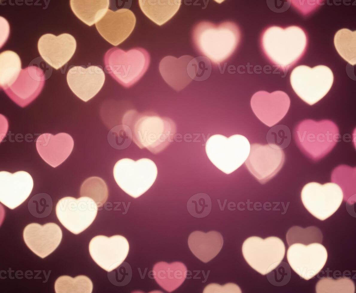 Pink blurred abstract background with cute bokeh hearts. photo