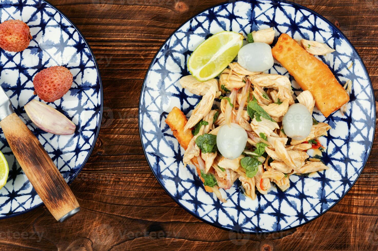 Oriental salad with roasted chicken, lychee and lime. photo