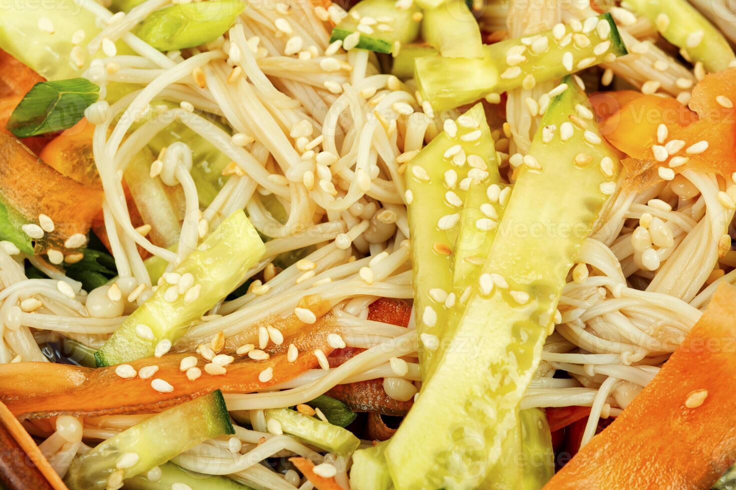 Chinese salad with enoki mushrooms, macro. photo